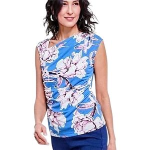 INC International Concepts Asymmetric Draped Cowl Neck Sleeveless Floral Top. L